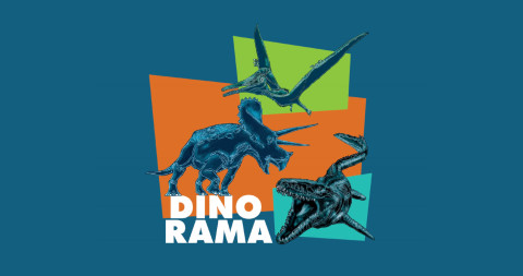 De affiches voor Dinorama, een illustratie van een Pterodactylus, een Triceratops en een Mosasaurus