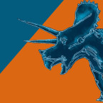 Een illustratie van een Triceratops op een oranje-blauwe achtergrond