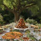 Een feesttafel vol kleurrijke gerechten in een plantentuin