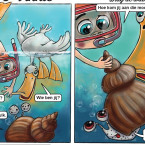Een voorbeeldje van een stripje. Vik snorkelt in zee en ziet een wulk.